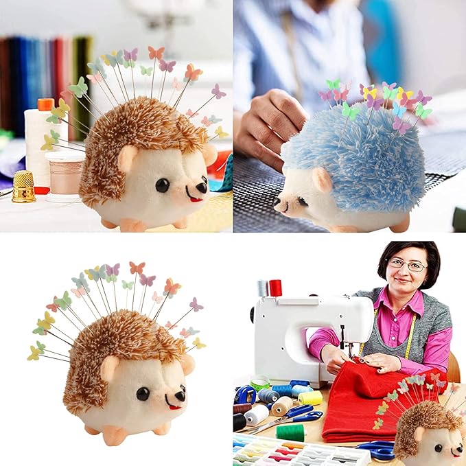 CICILIAYA Hedgehog Shape Pin Cushion, Cute Pincushions Sewing Kit Lovely Needle Cushions Pins Holder Sewing Accessories Supplies with 100Pcs Colored Butterfly Pins for Quilting DIY Crafts Patchwork