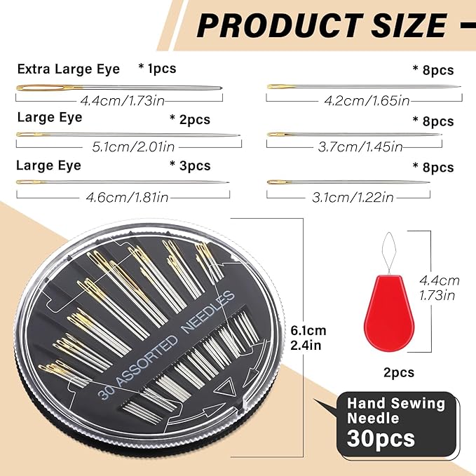 Ftyiwu 30 Pack Hand Sewing Needles, Assorted Embroidery Needles Kit, 6 Sizes Large Eye Sewing Needles with Threaders for DIY Craft Projects, Handsewing, Sewing Repair