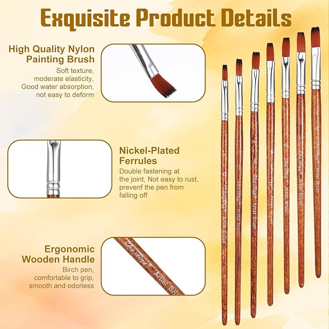 Giantree 12 PCS Flat Brushes Set, Professional Nylon Paint Brushes, Long Handle Artist Brush for Watercolor Acrylic and Oil Painting (Flat Head)