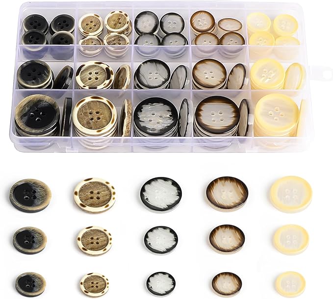 110Pcs Mixed Sewing Buttons, 4-Hole Craft Round Blazer Buttons, 5 Color 3 Size (15mm, 20mm, 25mm) Suit Coats Resin Button, Suitable for Variety Clothing Sewing, DIY Craft (Style C)