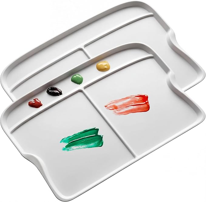 DUGATO Large Rectangular Paint Palettes (2 Pack, 13.8x9 inches) - 3 XL Well Plastic Mixing Trays for Acrylic, Oil, Watercolor & Gouache