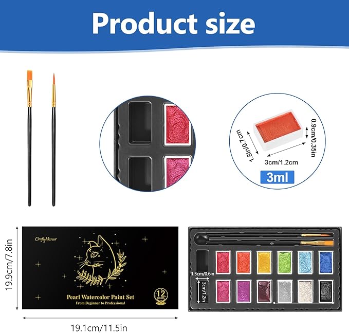 Mini Glitter Watercolor Paint Set with Paper, 12 Colors Shimmer Metallic Watercolour Painting Sets, Solid Pearl Water Color Paints for Adult, Kids(3ml 12 Colors)
