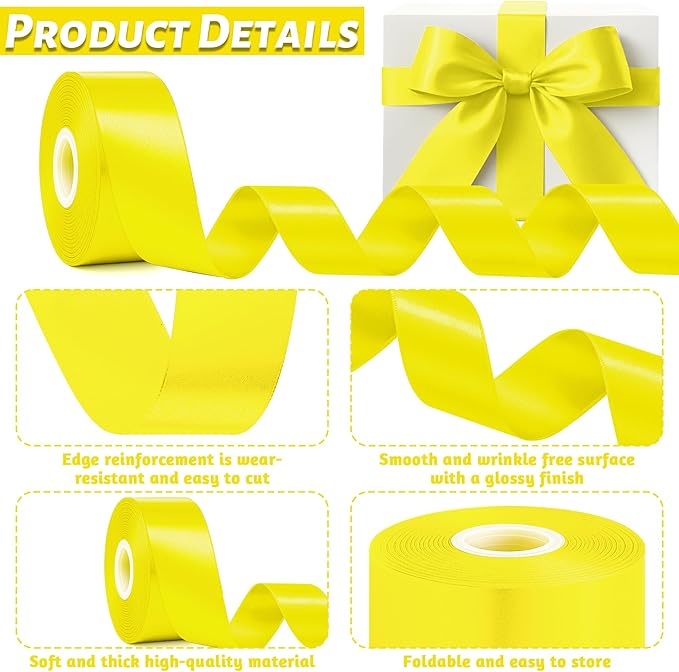 Fullive 1 1/2 Inch Ribbon for Gift Wrapping, 30 Yards Lemon Yellow Ribbons for Crafts, Polyester Satin Ribbon for Birthday Holiday Christmas Decorations DIY Bows Wrapping Bouquet Floral Arrangements