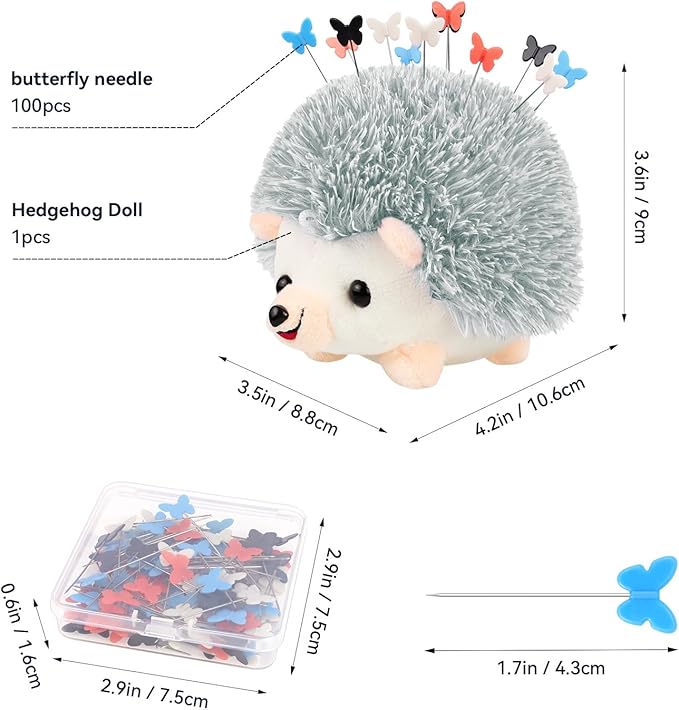 Hedgehog Shaped Pin Cushion Sewing Kit, Sewing Pincushion with 100 Pcs Colored Butterfly Pins for Sewing Dressmaker (Gray)