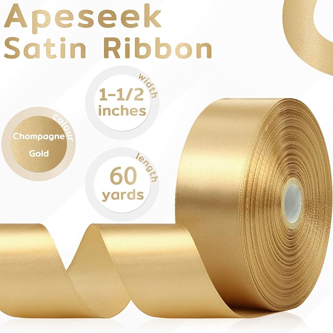 60 Yards Champagne Gold Satin Ribbon 1-1/2 Inch, Solid Gold Polyester Fabric Ribbon for Gift Wrapping, Crafts, Flower Bouquet, Wedding, Baby Shower, Festival, Christmas