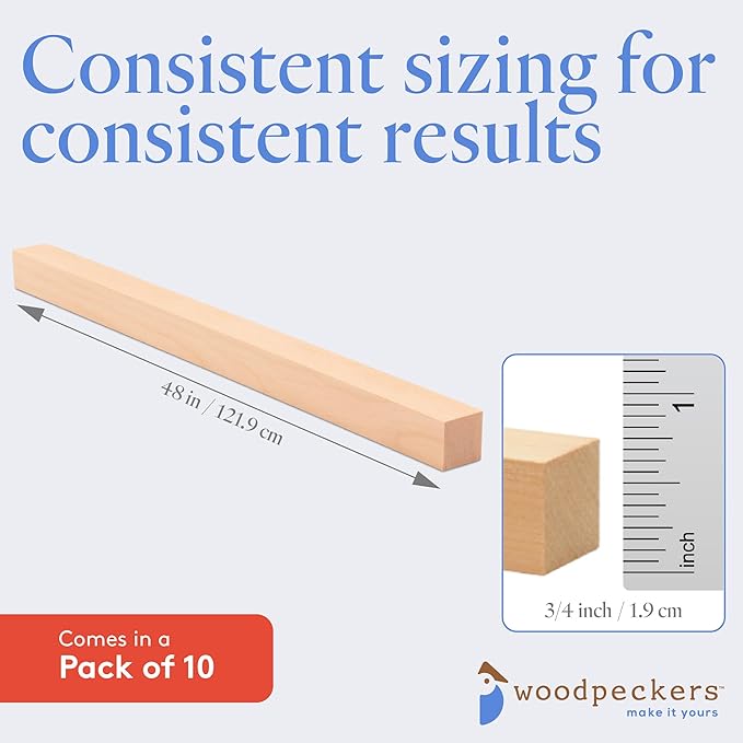 DIY Wooden Square Dowel Rod 3/4-inch x 48 Pack of 10 Hobby Wood Sticks for Crafts, Wood Trim & Architecture Model Making, by Woodpeckers