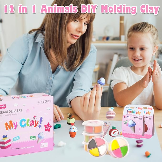Air Dry Clay Kit, Modeling Magic Clay for Kids,12 Desserts DIY Sculpting Set, Ultra Light & Soft, Safe Art Crafts Set for School Projects, Home Crafts,Party Activities, Gifts for Boys & Girls