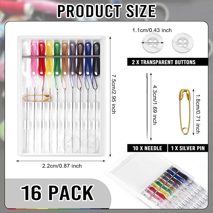 16 Boxes Quick Fix Sewing Kit, Easy Pre Threaded Needle Kit, Personal Sewing Kit Plastic Threaded Needle Holder Small Home Travel Sewing Box with Pin Button, Each Box with 10 Pieces Colors