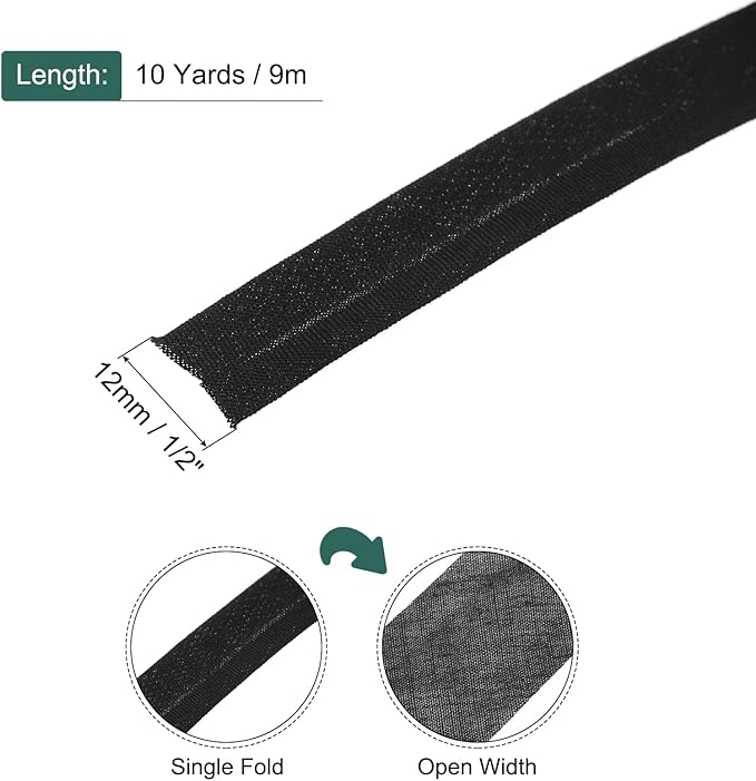 MECCANIXITY 1/2 Inch Single Fold Bias Tape Polyester Continuous Bulk Bias Tape for Sewing,Seaming Quilting Hemming Binding Crafts (Black 10 Yards)