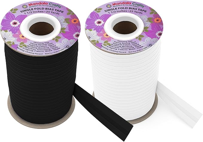 Mandala Crafts 1 1/2 Inch Single Fold Bias Tape for Sewing, Quilting, Piping, Hemming, Blanket & Quilt Binding – 50 Yards Black and White Fabric Seam Binding Tape