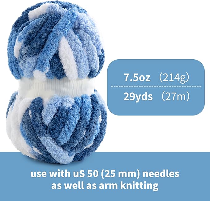 Hombys 8 Pack Giant Chunky Yarn for Crocheting/Hand Knitting, Super Bulky Soft Fluffy Tie Dye Plush Fuzzy Mixed Color Thick Chenille Yarn (Blue, Light Blue, White)