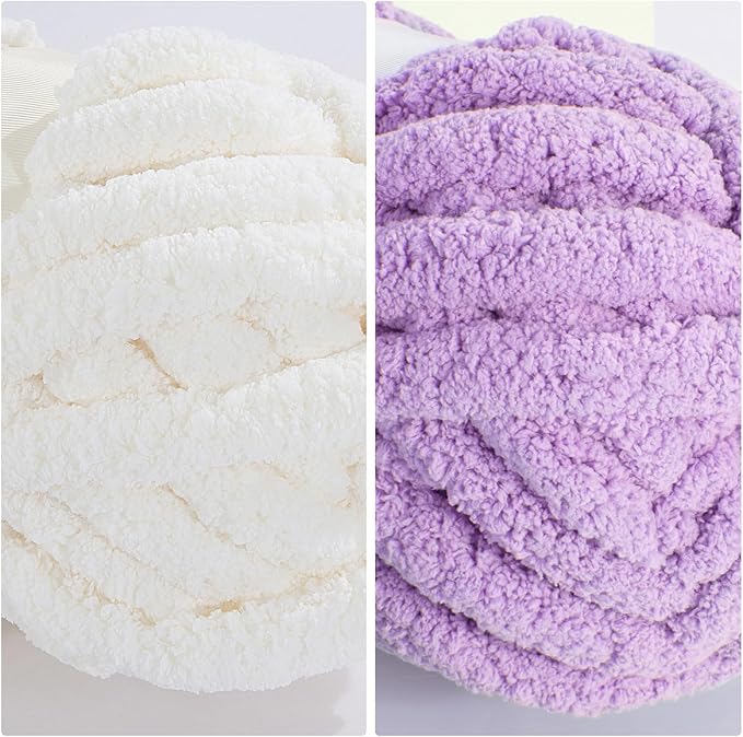 HOMBYS 8 Pack Assorted Chunky Yarn for Crocheting,Super Bulky Large Soft Fluffy Yarn,Plush Fuzzy Yarn,Thick Chenille Yarn for Hand Knitting/Arm Knitting,4 Cream,4 Purple(27yds,8 oz Each Skein)