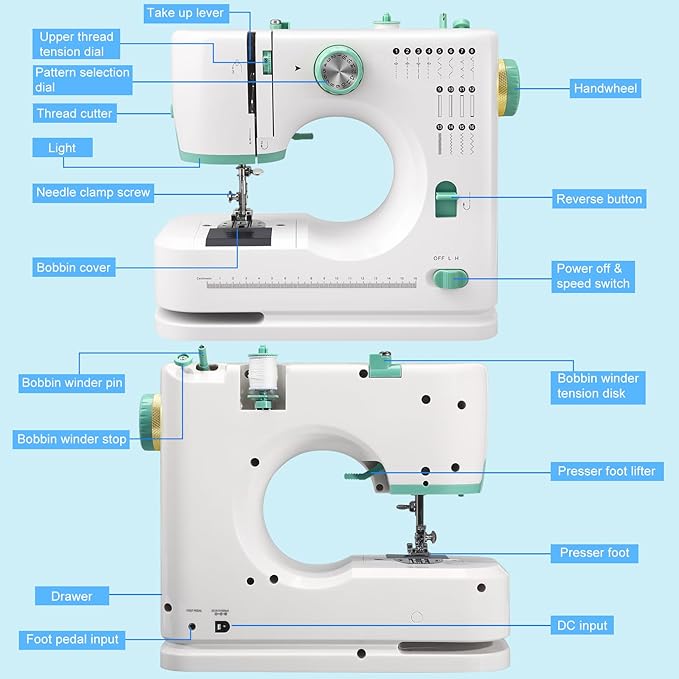 Mini Sewing Machine for Beginners with 32 PCS Threads Kit,16 Built-In Stitches, Multifunctional Portable Sewing with Foot Pedal Small Sewing Quilting Machine for Mending