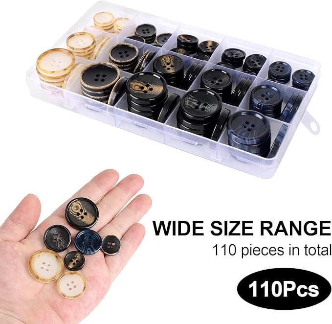 110Pcs Mixed Sewing Buttons, 4-Hole Craft Round Blazer Buttons, 5 Color 3 Size (15mm, 20mm, 25mm) Suit Coats Resin Button, Suitable for Variety Clothing Sewing, DIY Craft (Style B)