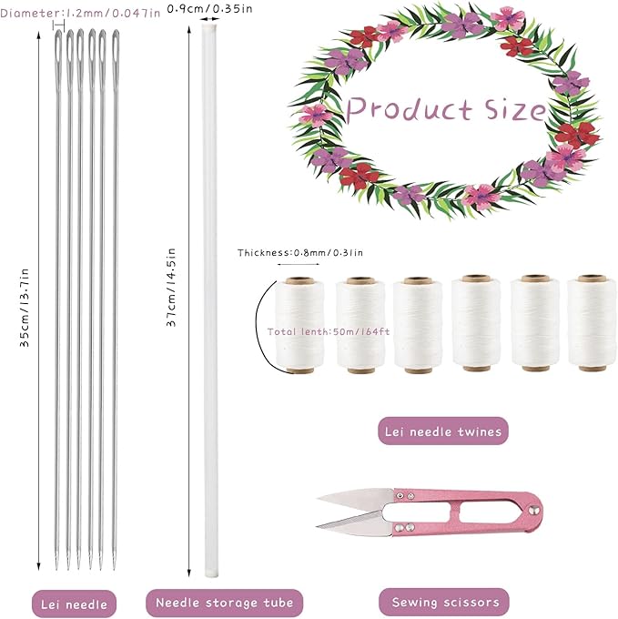 Lei Needle Kit, 6 Pcs 14 Inch Extra Long Sewing Needles 6 Rolls Lei Needle Twine 1 Pcs Lei Needle Storage Tube Sewing Scissors, Long Upholstery Needles for DIY Graduation Hawaiian Flower Lei Making