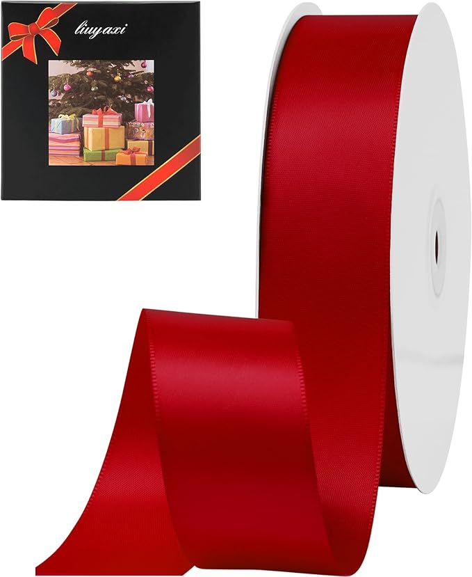 LIUYAXI Red Double Faced Satin Ribbon, 1" X Continuous 50 Yards, Ribbons Perfect for Gift Wrapping Wedding Bouquet Decor DIY Craft Bow Making & Other Projects