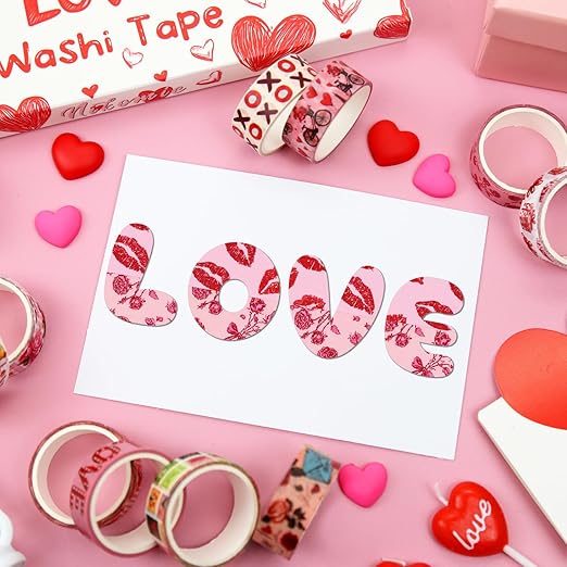 12 Rolls Valentine's Day Washi Tape Set, Pink & Red Hearts Decorative Tape Love Letters Roses Masking Tape for Journaling Supplies, Junk Journal, Scrapbooking, DIY Arts & Crafts, Gift Wrapping