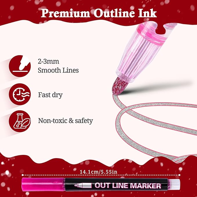Shimmer Markers Double Line Outline Markers, 24 Colors Metallic Glitter Pens Set for Drawing, Art Supplies, Arts Crafts, Gifts for 4-12 Year Old Girl Kids Teens