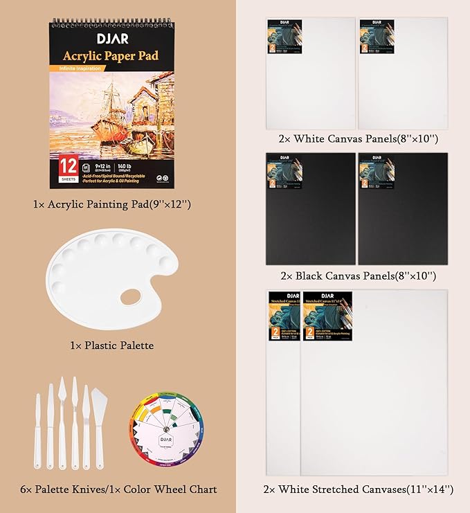 DJAR 49 pcs Acrylic Painting Set, Includes Desktop Easel, Acrylic Paint, Canvas, Sketchbook, Painting Pads, 24 Color Paint Kits for Adults, Artists, Beginners