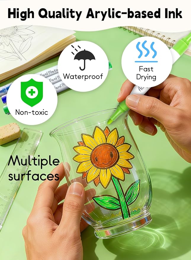 YHC 60 Colors Acrylic Paint Pens with Free App, Dual Tip Acrylic Paint Markers with Brush Tip and Fine Tip for Adults, Eggs, Wood, Rock, Canvas, Plastic, Stone, Glass, Ceramic