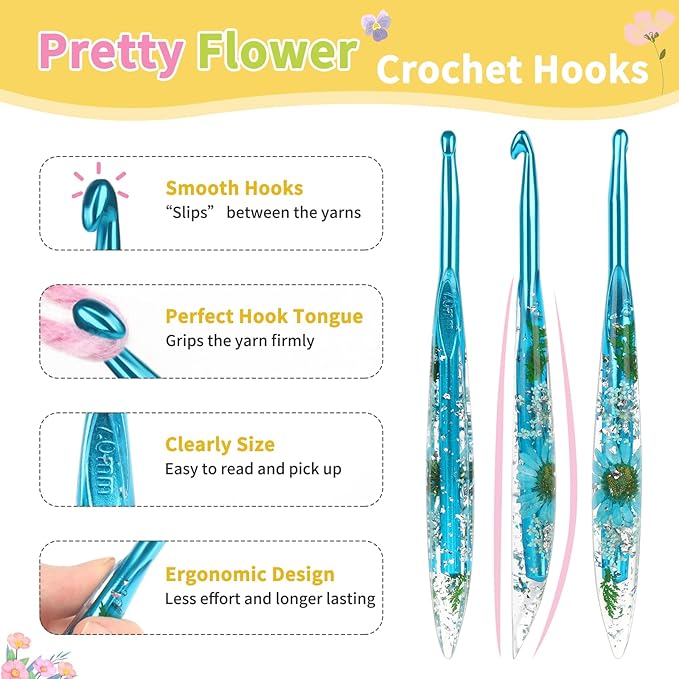 Coopay Large Crochet Hooks, 5 PCS Crochet Hook Set with Case (6mm, 7mm, 8mm, 9mm, 10mm), Floral Resin Grips - Beautiful & Ergonomic, Great for Crocheting Blankets, Dolls, Shawls, Hats, Scarves (J-N)