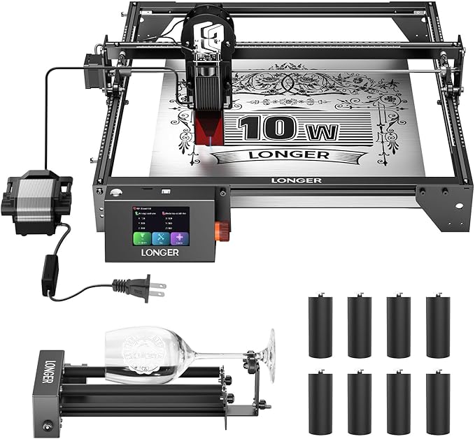 Longer RAY5 10W Laser Engraver with Air Assist Kit, Rotary Roller kit, and 8 Pcs Raiser, High Precision Laser Cutter and Engraver for Wood, Metal, Acrylic, Cylindrical Objects, Tumblers