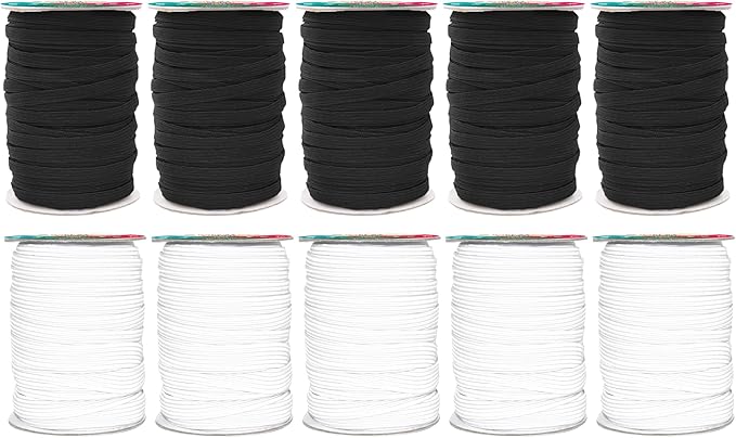 Mandala Crafts 12mm 200 Yds Roll of Black and White Elastic Bands for Sewing - 1/2 Flat Elastics Cord - 1 2 Inch Braided Stretch Straps for Crafting