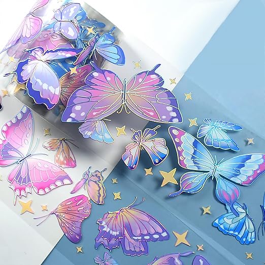 1Roll Laser Butterfly Wide Scrapbooking Tape, Transparent PET Tape Decorative Masking Tape Stickers Washi Tapes for Bullet Journal Supplies DIY Crafts
