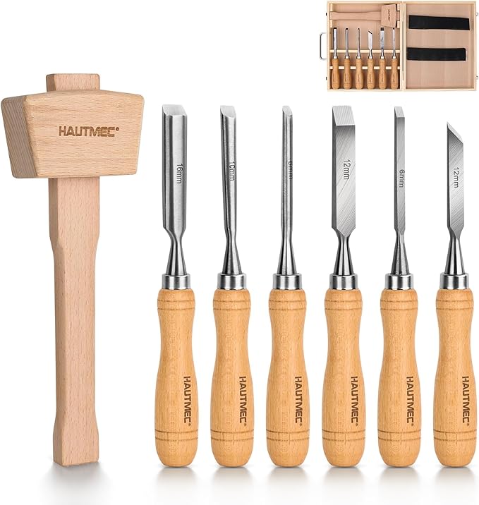 HAUTMEC 7-Piece Wood Chisel Set with Wooden Mallet, CR-V Steel Beveled Gouge Tools with Beech Handles and Storage Box, Wood Carving Kit for Woodworking & DIY - HT0393