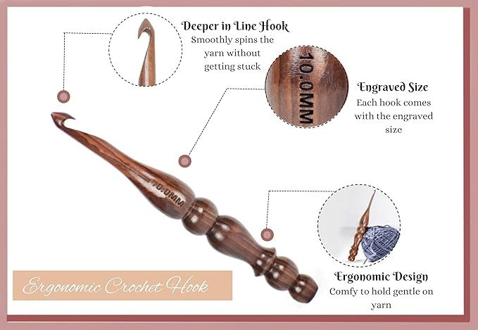 Wooden Crochet Hooks Set of 13 for Arthritic Hands | Ergonomic Soft Grip Handcrafted Knitting Needle for Crocheting and Knitting (Brown (Crochet - 1))