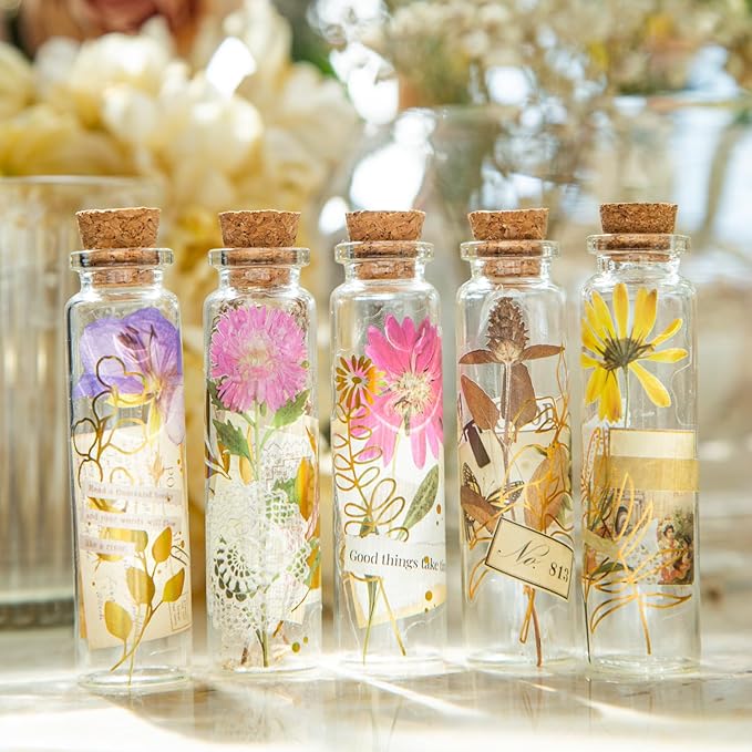 Yoksas 180Pcs Gold Foil Dried Flower Stickers - Clear Glitter Pressed Flowers Botanical Stickers for Scrapbooking,Junk Journals,Planner,Resin Art Supplies