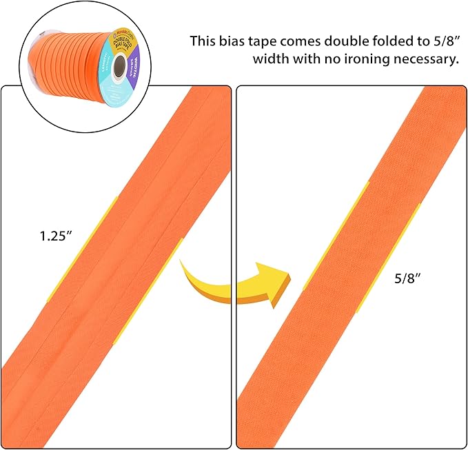 Mandala Crafts 55 Yards 5/8 Inch Orange Double Fold Bias Tape for Sewing - Bias Binding Tape for Quilting Binding, Hemming, Seam, and Fabric Piping