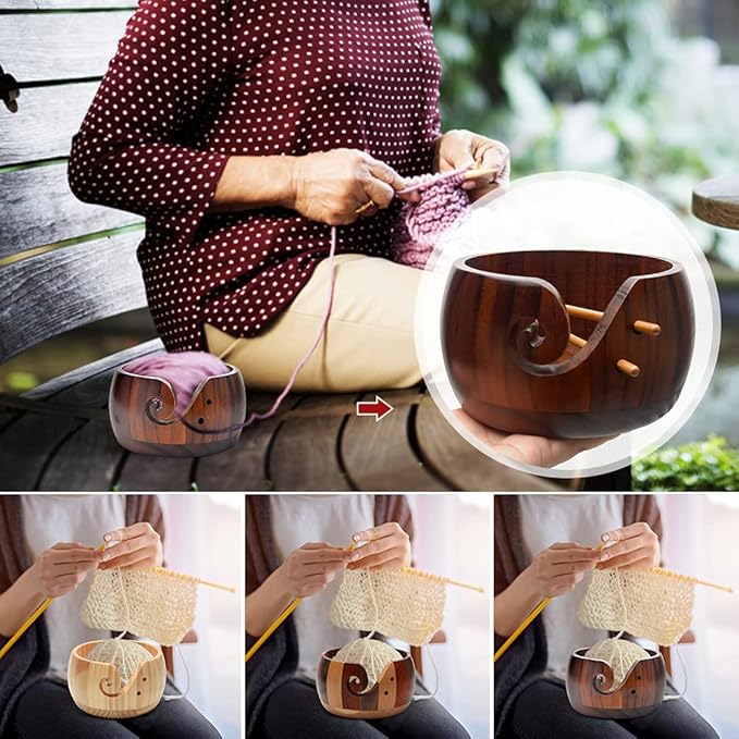 Wooden Yarn Bowl with Bamboo Crochet Hooks, Knitting Accessories DIY Hand Craft Yarn Holder Dispenser Storage Bowl for Skeins, Birthday Gifts for Crocheters Knitting Lovers(Color:Brown)