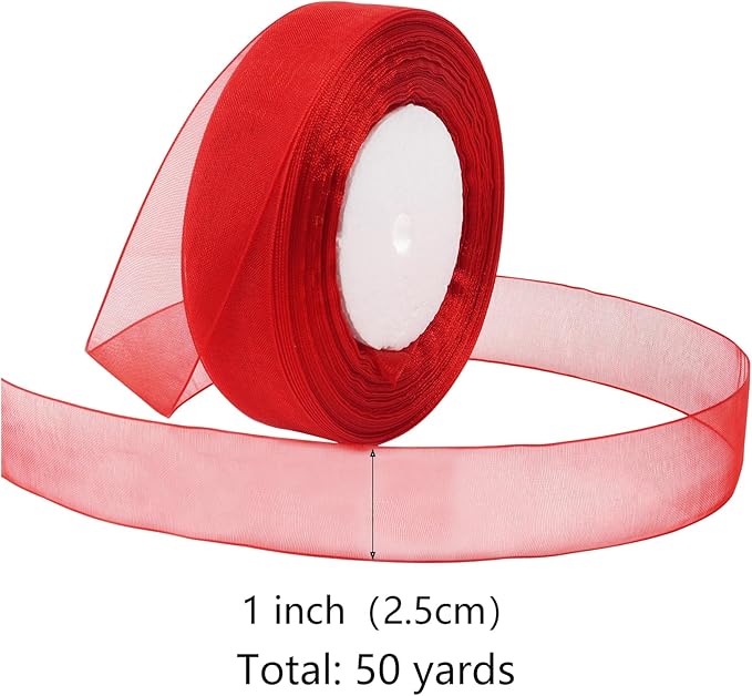 Red Ribbon for Gift Wrapping 1 inch Sheer Organza Ribbon for Flower Bouquet Tulle Thin Chiffon Ribbons for Wedding Invitations Presents Decorations Crafts 50 Yards