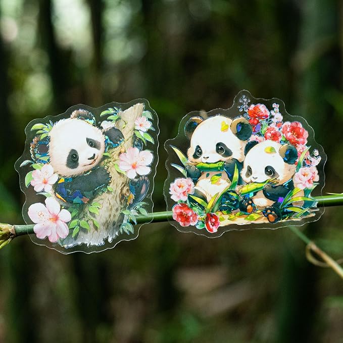 Yoksas 40Pcs Holographic Shiny Kawaii Panda Stickers - Waterproof Transparent Glitter Cute Panda Stickers for Scrapbooking,Water Bottles,Journals