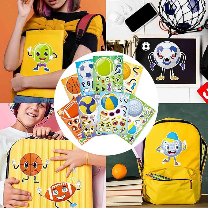 24 PCS Sport Ball Stickers for Kids, Make a Face Stickers, Make Your Own Mix and Match Sticker Sheets, Basketball, Baseball, Football, Volleyball, Soccer, Rugby Stickers for Teens/Kids
