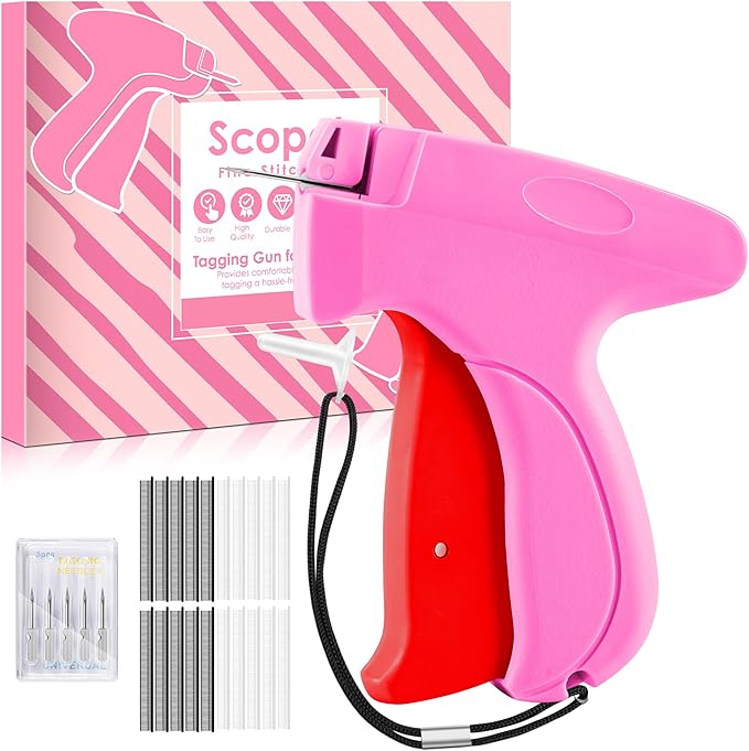 Stitch Gun for Clothes - Handheld Stitch Tag Gun Quick Clothing Fixer - Mini Sewing Kit Micro Tagging Gun - Includes 6 Needle, 1000 Black Fasteners & 1000 White Fasteners (Pink-Red)