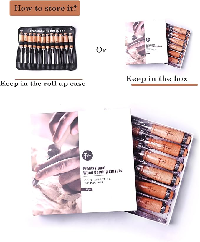 ATOPLEE 12pcs Wood Carving Chisel Set for Woodworking, Professional Wood Gouge Tools with Box and Roll Up Bags for Carpenter Craftsman Gift in Most Carving Project