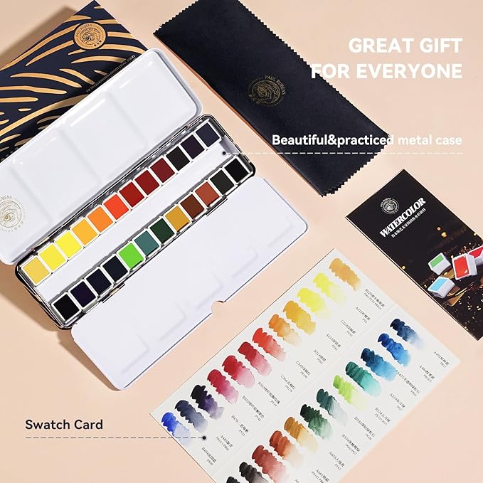 Paul Rubens Artist Watercolor Paint Set,24 Vibrant Colors in Portable Box, Great Lightfastness, Perfect Travel Professional Watercolor Set for Artists, Beginners, Adults