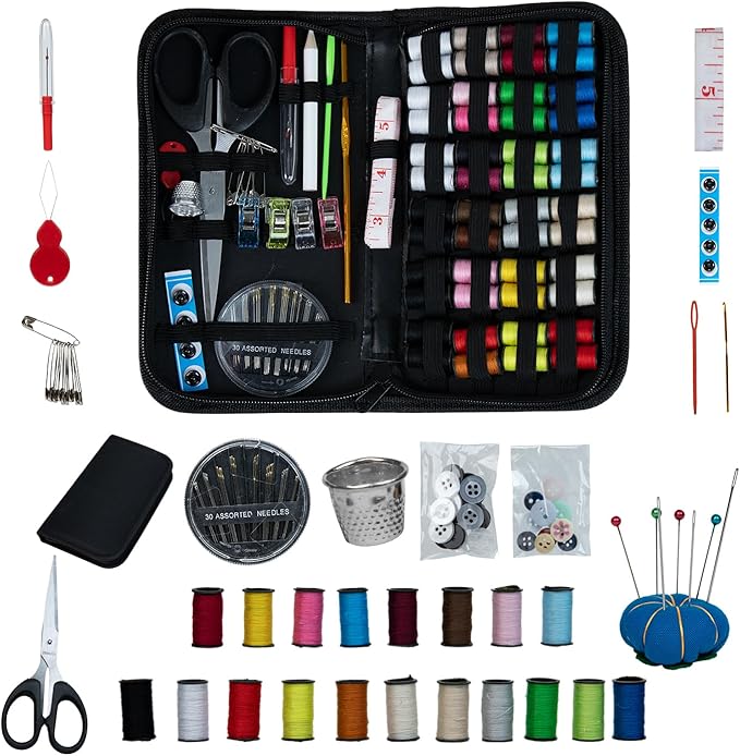 Sewing Kit for Adults, Needle Thread Kit for Sewing, Sewing Supplies Accessories with Tailor Scissors, Thread spools, Bracelet Pin Cushions, Thimble, 30 Needles, Emergency DIY Home Button Repair Kit