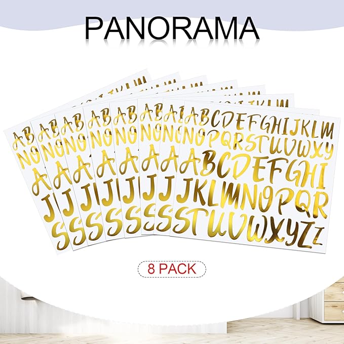 TaoBary 416 Pcs Gold Letter Stickers 8 Sheets Capital Alphabet Stickers 2 Size Vinyl Cursive Self-Adhesive Letter Decor for Gifts, Scrapbooking, DIY Craft, Water Bottle(1'', 1.5'')