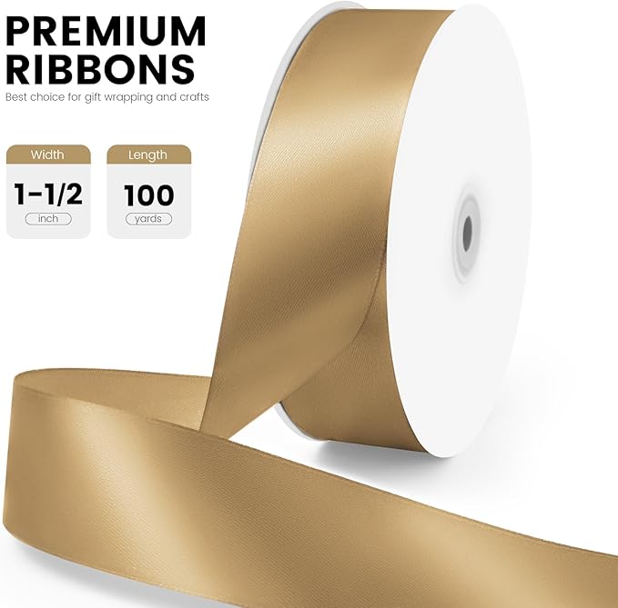 1-1/2" x 100 Yards Satin Ribbon - Wide Silk Champagne Gold Ribbon with Spool - Ideal for Gift Wrapping, Floral Bouquets, Crafts, Wedding Party Decorations, Christmas and Sewing Projects