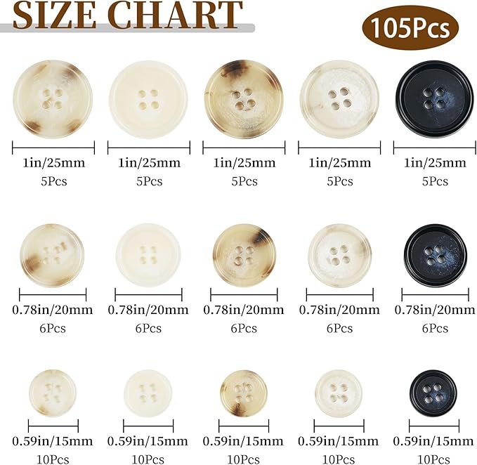 105Pcs Mixed Sewing Buttons,5 Color 4-Hole Craft Buttons,3 Size (15mm, 20mm, 25mm) Sewing Buttons for Clothes, Suitable for for DIY Crafts, Coats, Shirts, Pants, Shorts（Color3）