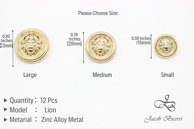 Lion Head Gold Metal Shank Buttons - 3 Size Options - 12 Piece Luxury Crown Round Wave Metal Shank Buttons for Men Women Blazer Coat Uniform Shirt Suit and Jacket Sewing Craft DIY 15mm, BL7831