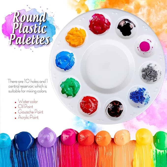 FANDAMEI White Round Paint Tray Palettes, Paint Palette Tray, Plastic Paint Tray Palette, Paint Palettes Paint Pallets with 10 Wells for Adults & Kids, for Painting or DIY Craft Class, 4 PCS