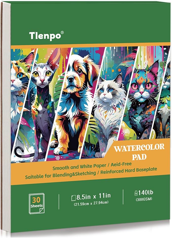 Tlenpo Watercolor Paper Pad, 8.5 x11 in, 30 Sheets Artist Painting Drawing Paper Book, Art Supplies for Adults Kids, 140lb/300gsm, Glue Bound Watercolor Sketchbook for Watercolors, Art Painting