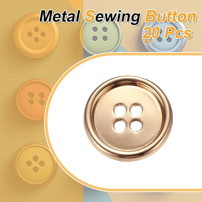 HARFINGTON 20pcs Metal Sewing Button, 18mm 4-Hole Round Suit Shirts Coats Clothes Sewing Buttons for Decoration Craft, Gold