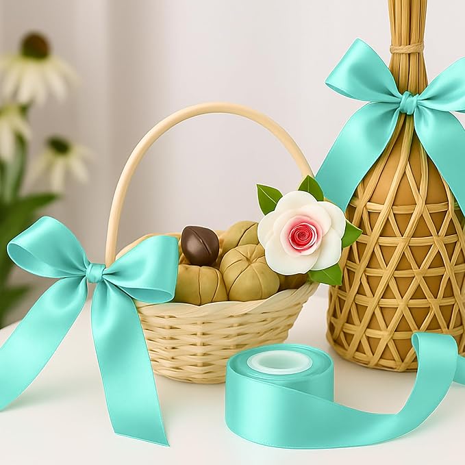 Fullive Mint Blue Ribbon for Gift Wrapping, 1 1/2 Inch 30Yards Ribbons for Crafts, Polyester Solid Satin Ribbon for Flower Bouquet Easter Birthday Christmas Decorations Floral Arrangements DIY Bows