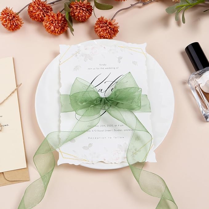 Sage Green Ribbon for Gift Wrapping 1 inch Sheer Organza Ribbon for Flower Bouquet Tulle Thin Chiffon Ribbons for Wedding Invitations Presents Decorations Crafts 50 Yards