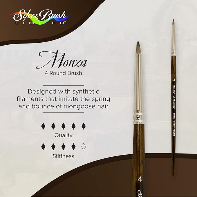 Silver Brush Limited 2629S Monza Round Art Brush, Oil, Acrylic, and Watercolor Brush, Short Handle, Size 4